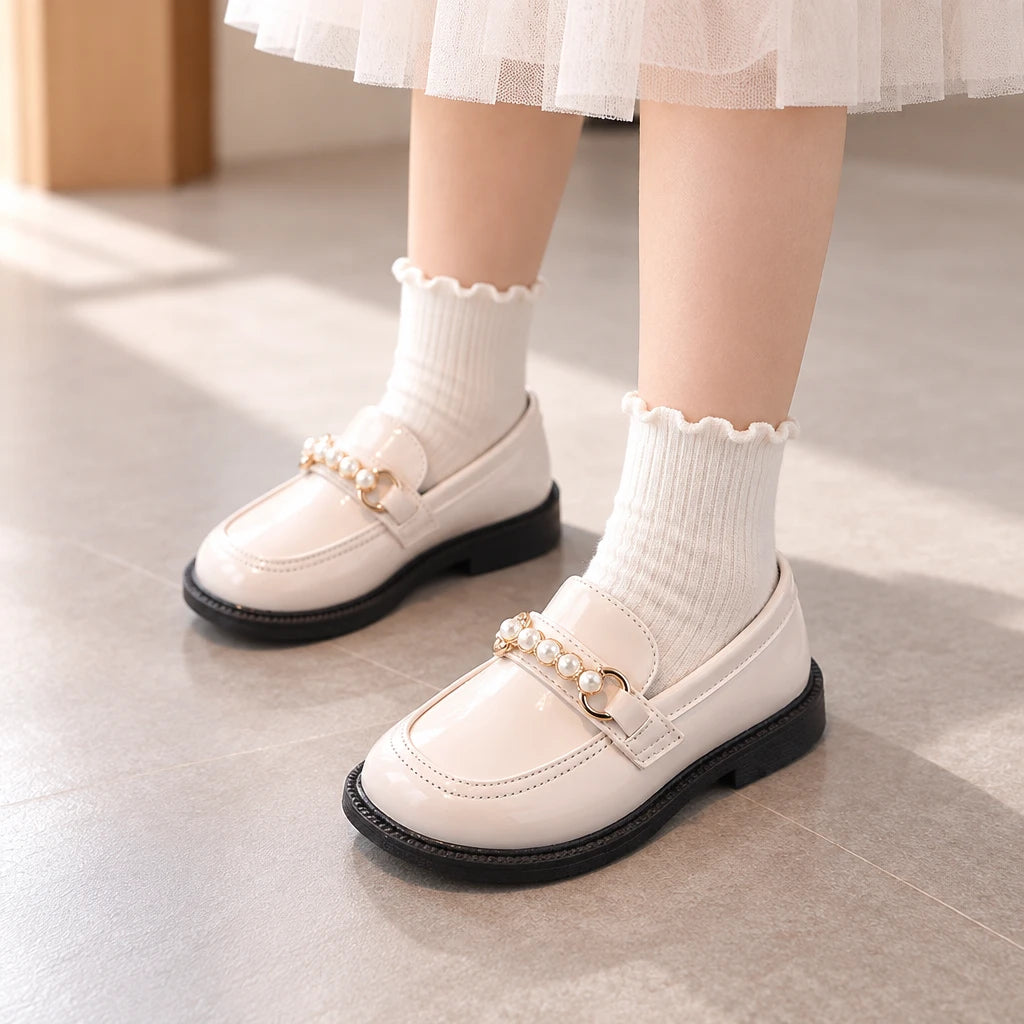 2025年春秋季新款女童软底皮鞋英伦风小女孩皮鞋儿童黑皮鞋演出鞋 — 817米白色