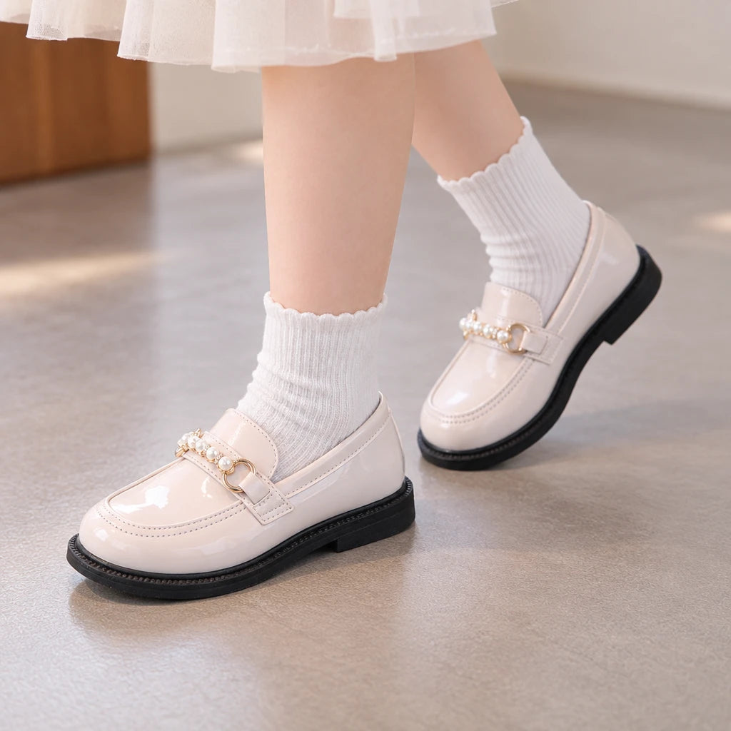 2025年春秋季新款女童软底皮鞋英伦风小女孩皮鞋儿童黑皮鞋演出鞋 — 817米白色