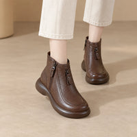 软皮高档马丁靴女2025年新款日常百搭舒适秋冬女靴厚底切尔西短靴 — 棕色绒里