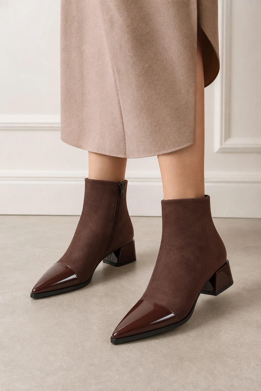 Botines Marrones Mujer De Ante Sintético Con Punta De Charol