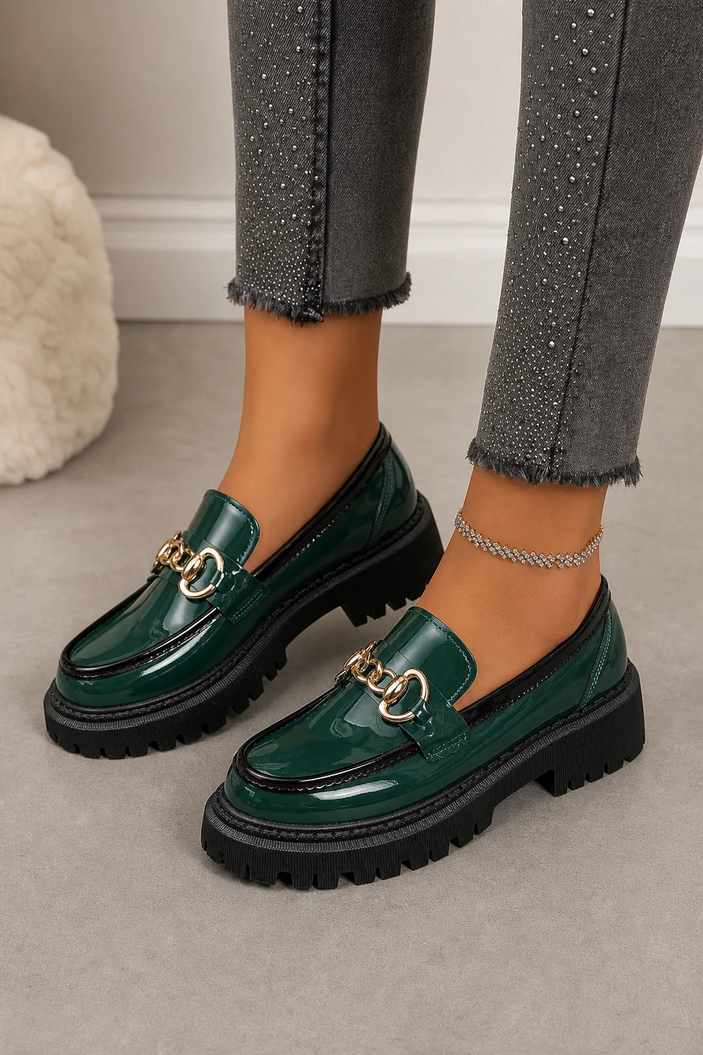 Mocasines Con Plataforma Mujer Charol Verde