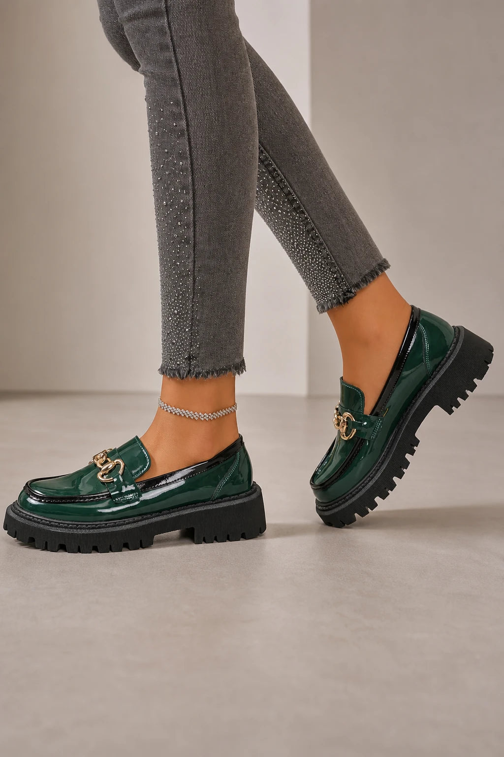 Mocasines Con Plataforma Mujer Charol Verde