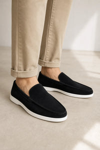 Mocasines Hombre Negros De Gamuza Sin Cordones