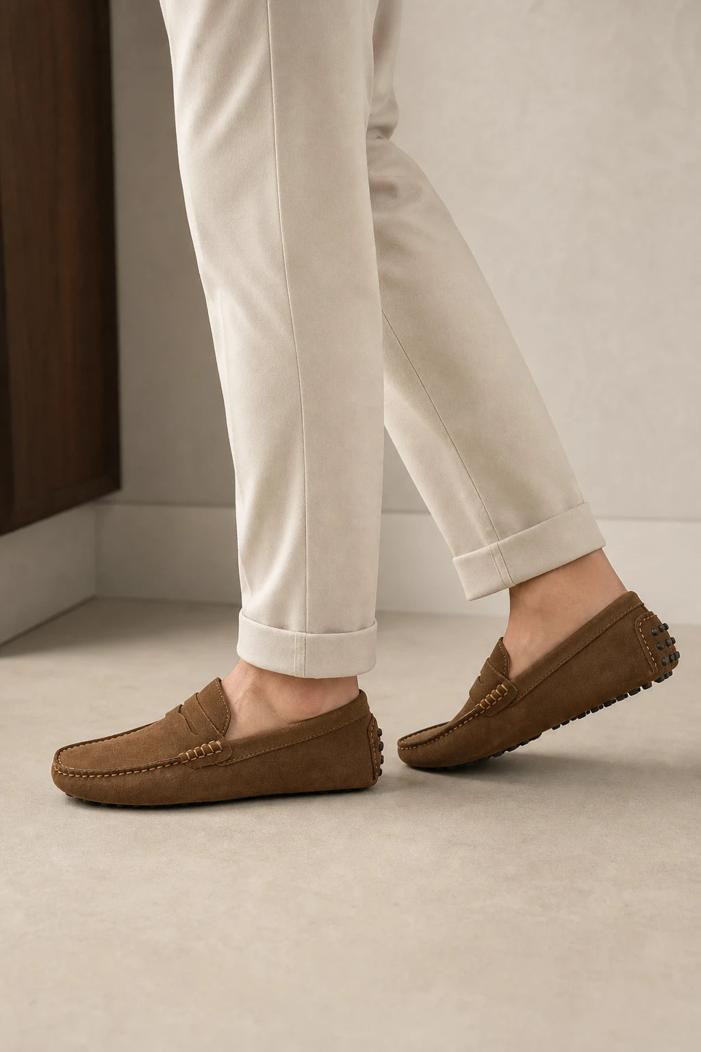 Mocasines Marrones Hombre Gamuza Sin Cordones