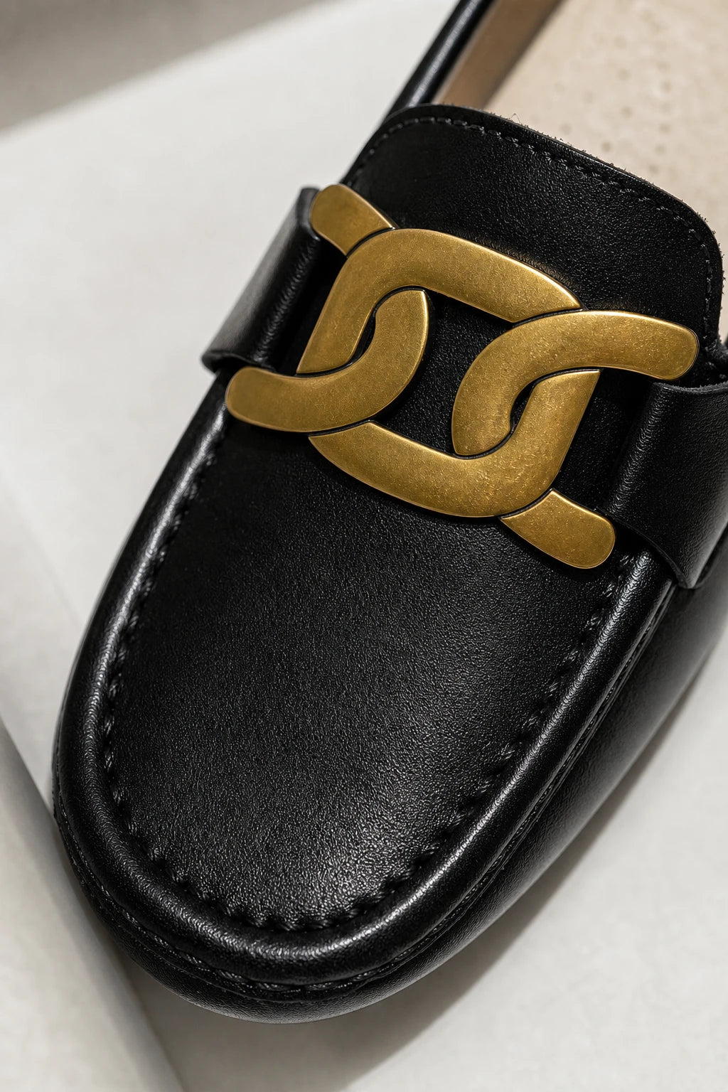 Mocasines Mujer Elegantes Cuero Genuino Cadena De Metal