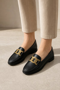 Mocasines Mujer Elegantes Cuero Genuino Cadena De Metal