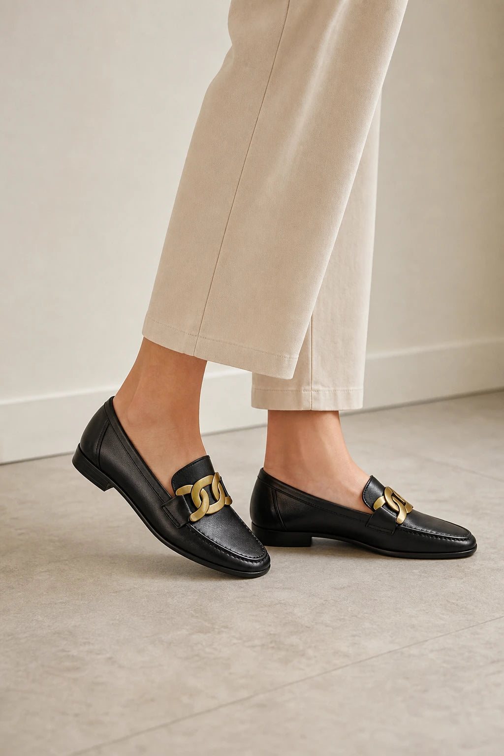 Mocasines Mujer Elegantes Cuero Genuino Cadena De Metal