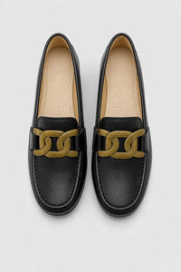 Mocasines Mujer Elegantes Cuero Genuino Cadena De Metal