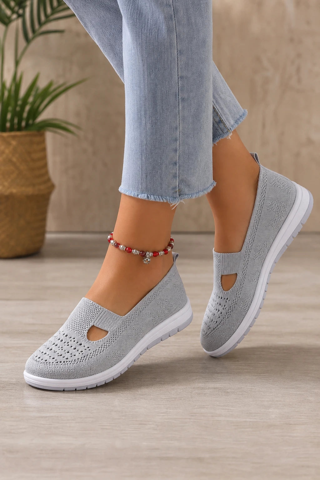 Mocasines Tejido De Punto Sin Cordones Gris