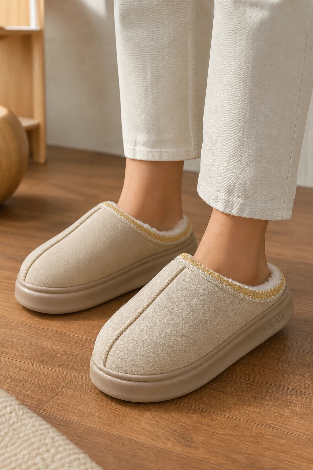 Pantuflas de Casa para Mujer Beige Abrigadas de Felpa con Suela Gruesa