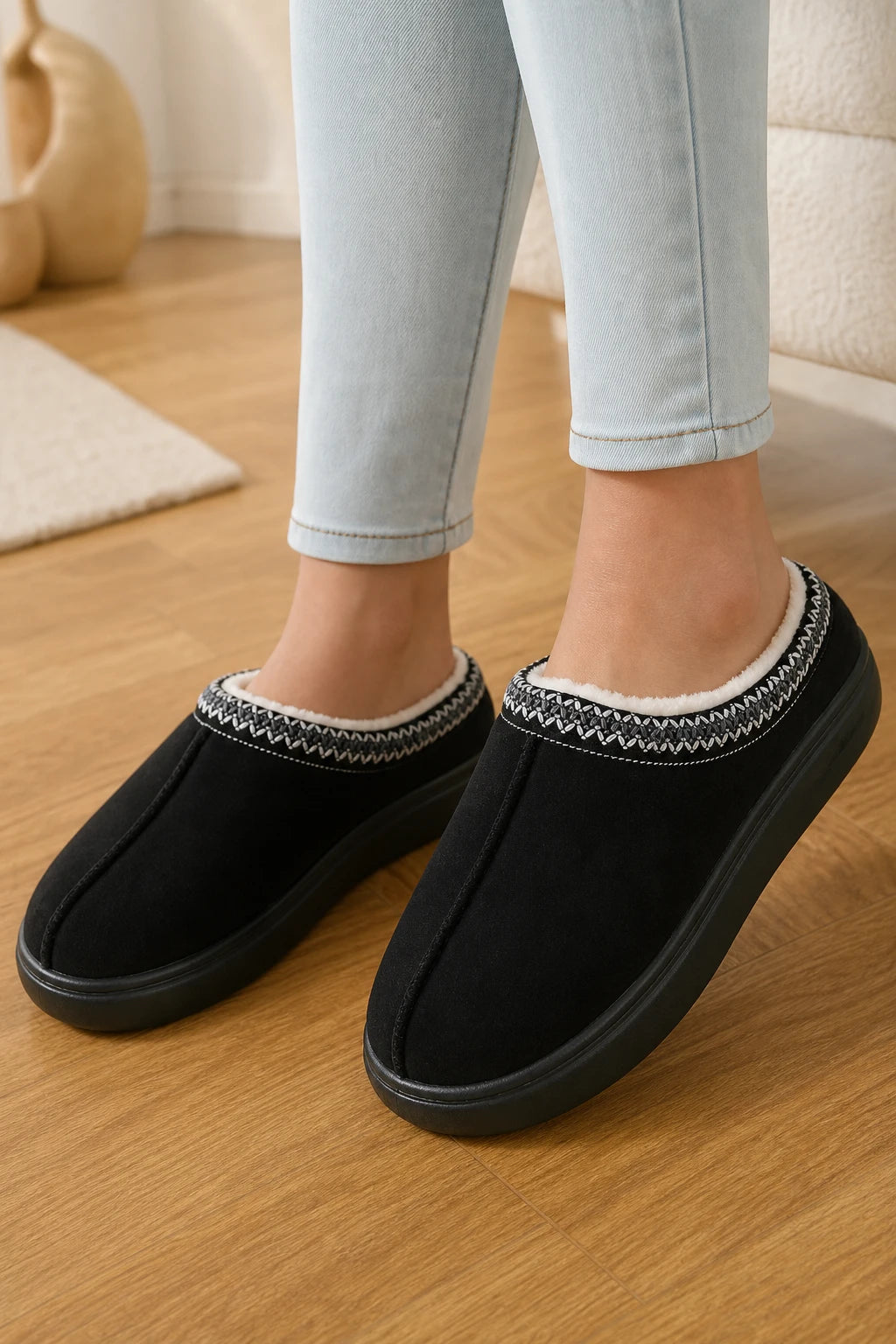 Pantuflas negras para mujer de felpa con bordado y suela antideslizante