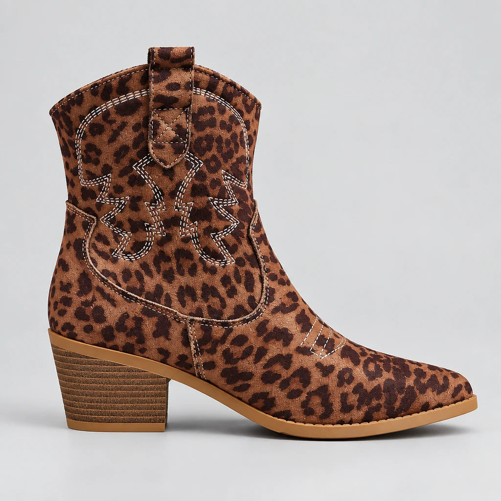 跨境外贸欧美大码女靴复古刺绣西部牛仔靴秋冬粗跟圆头中筒骑士靴 — 豹纹