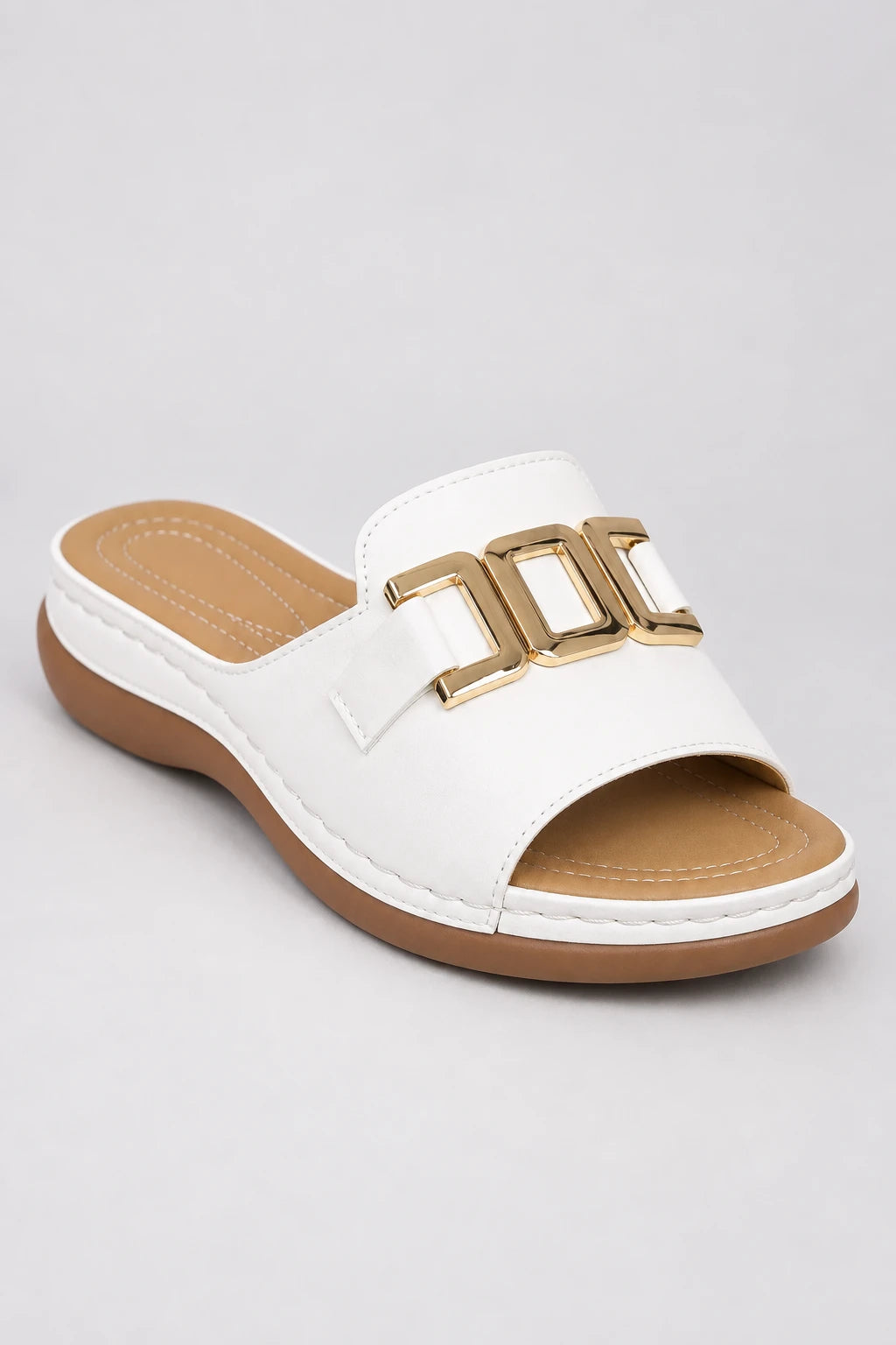 Sandalias Blancas Mujer Blanco Con Hebilla Dorada