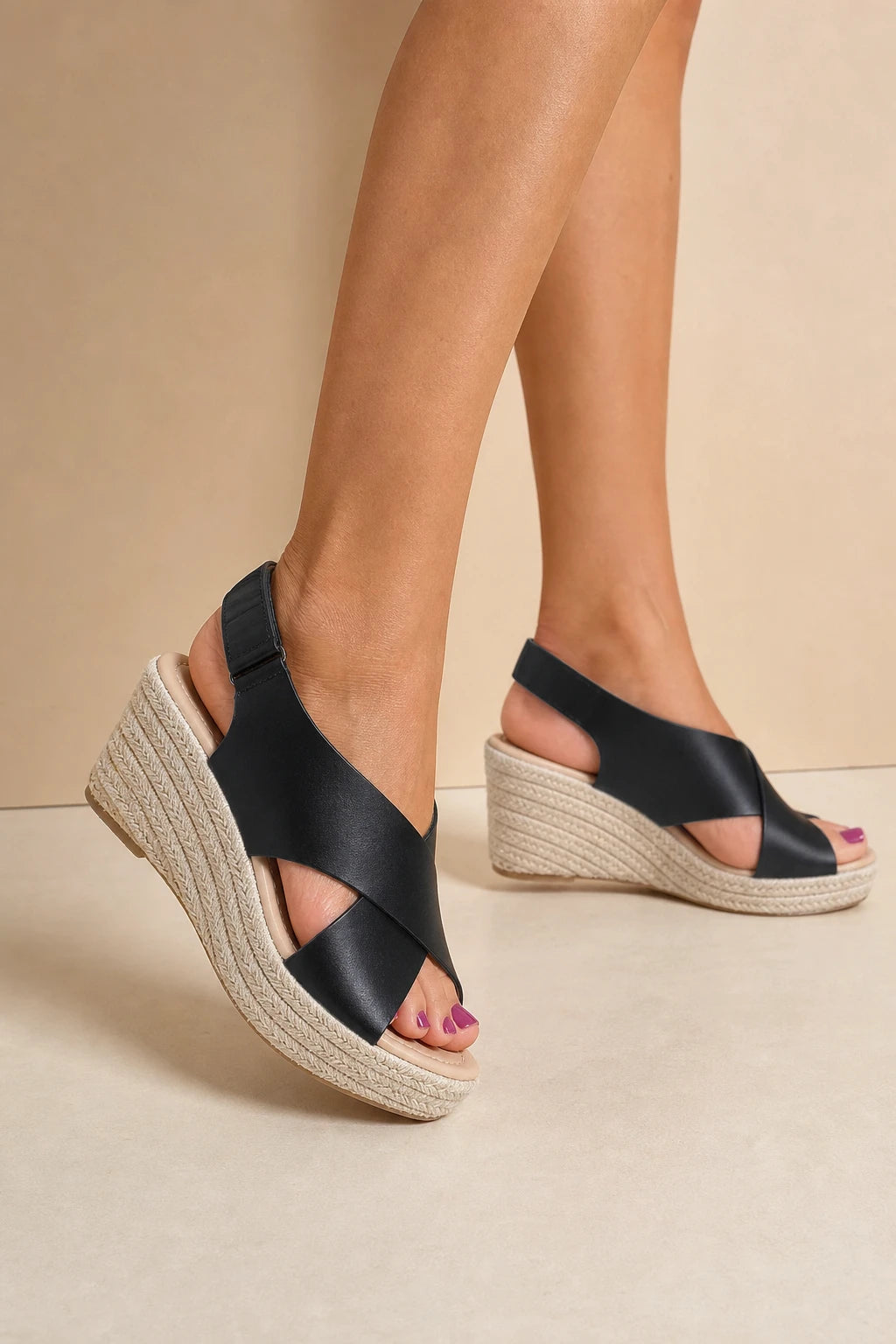 Sandalias Con Tacon Negras De Cuña Plataforma De Yute