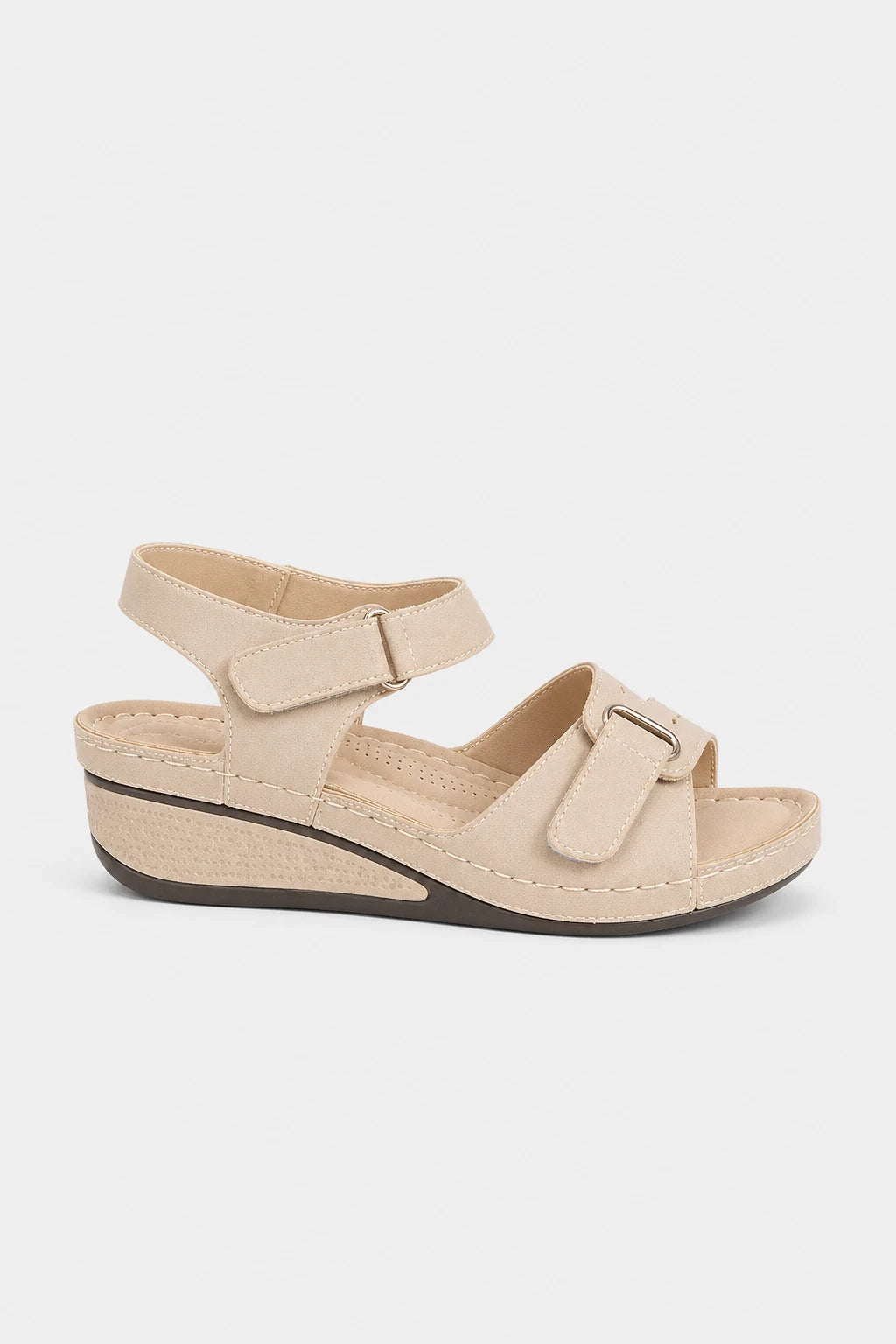 Sandalias de Cuña Beis para Mujer con Punta Abierta y Velcro