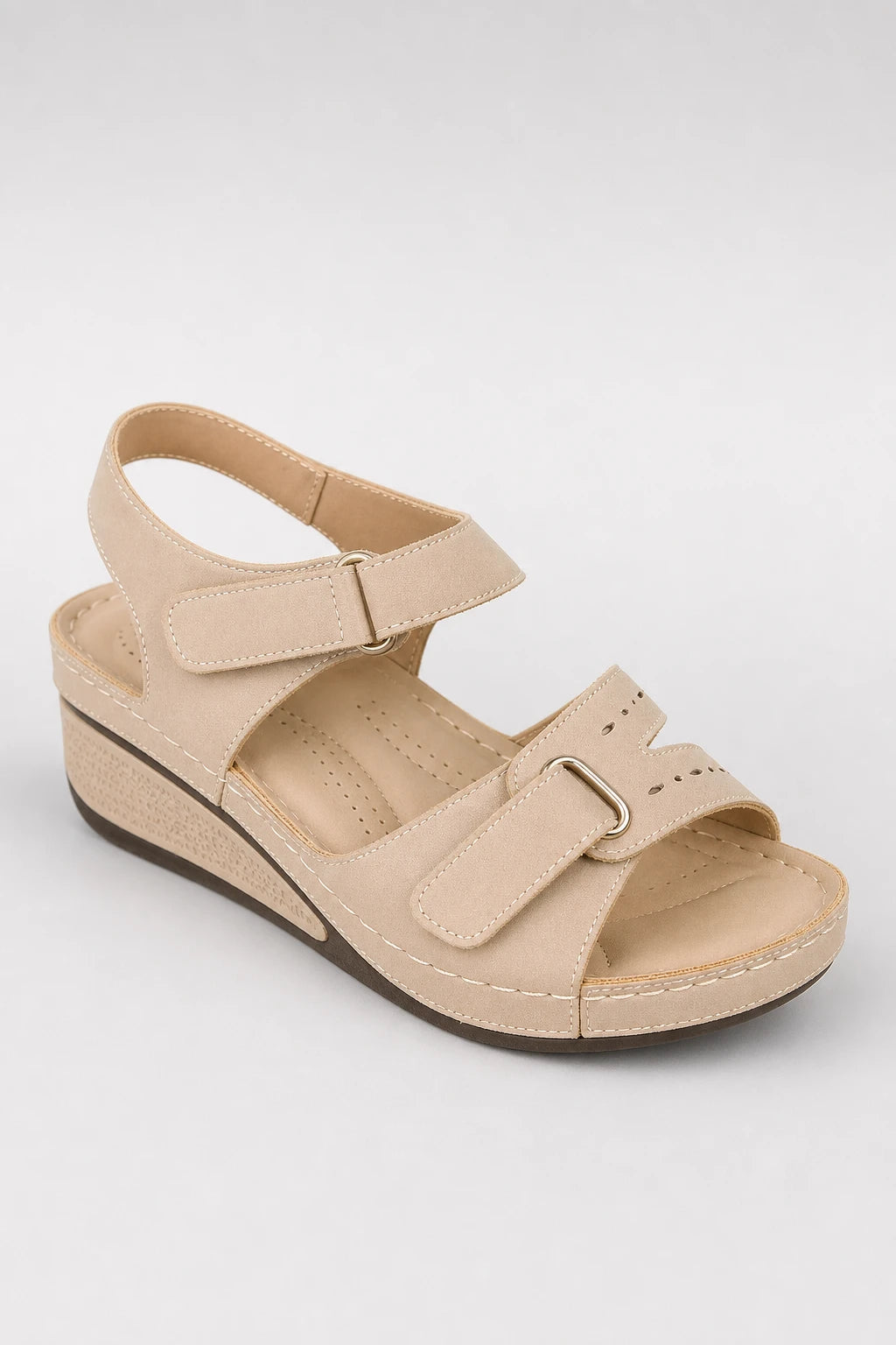 Sandalias de Cuña Beis para Mujer con Punta Abierta y Velcro
