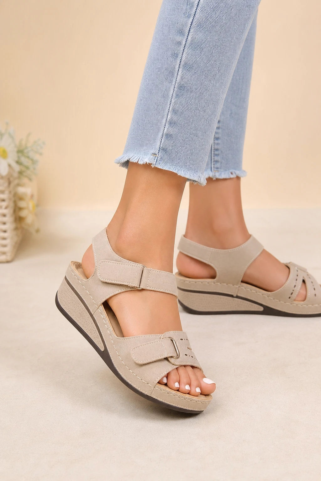 Sandalias de Cuña Beis para Mujer con Punta Abierta y Velcro