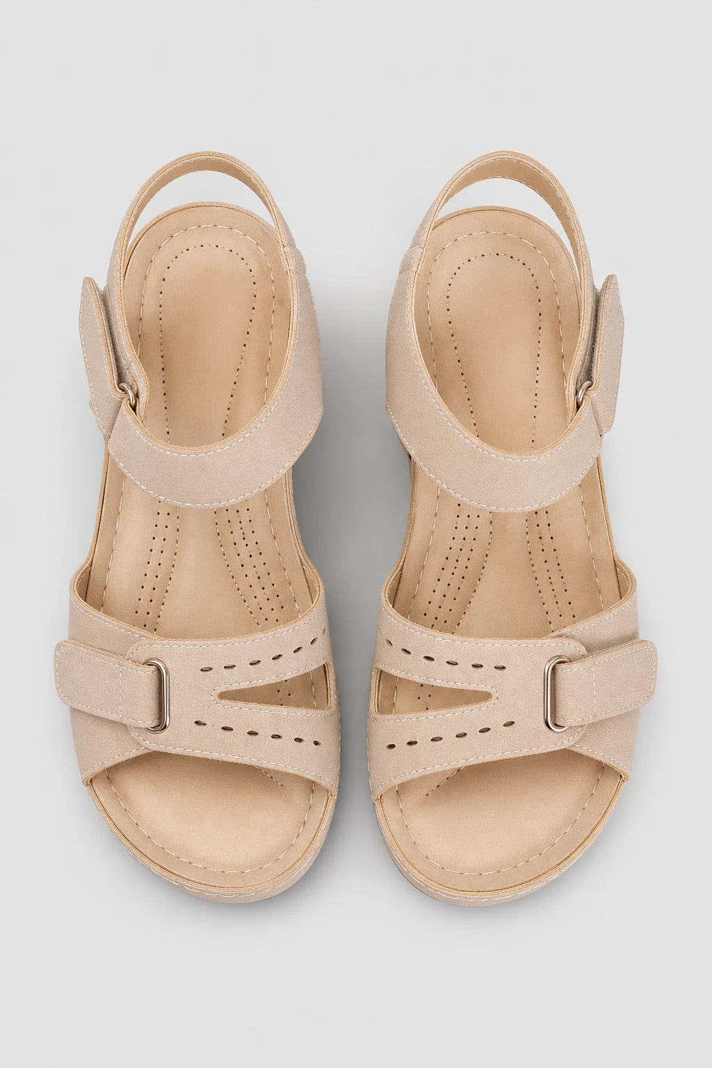 Sandalias de Cuña Beis para Mujer con Punta Abierta y Velcro