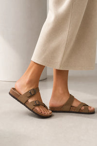 Sandalias Mujer Planas De Corcho De Gamuza