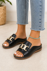Sandalias Planas Elegantes Negras Con Hebilla Dorada