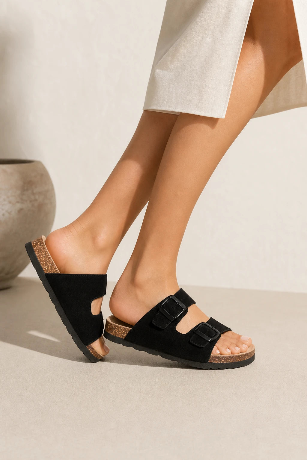 Sandalias Planas Negras Mujer Gamuza Corcho