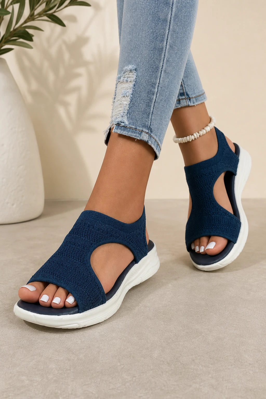 Sandalias Tacón Cómodas De Malla Tejida Con Cuña