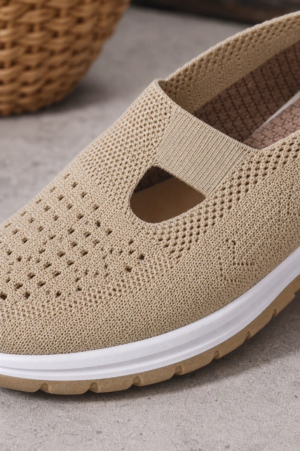 Zapatillas Beige para Mujer sin Cordones de Tejido de Punto Transpirable