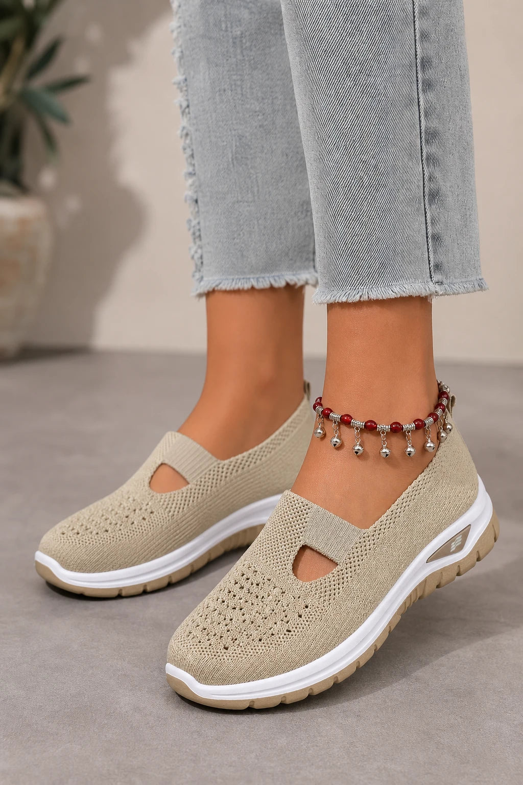 Zapatillas Beige para Mujer sin Cordones de Tejido de Punto Transpirable