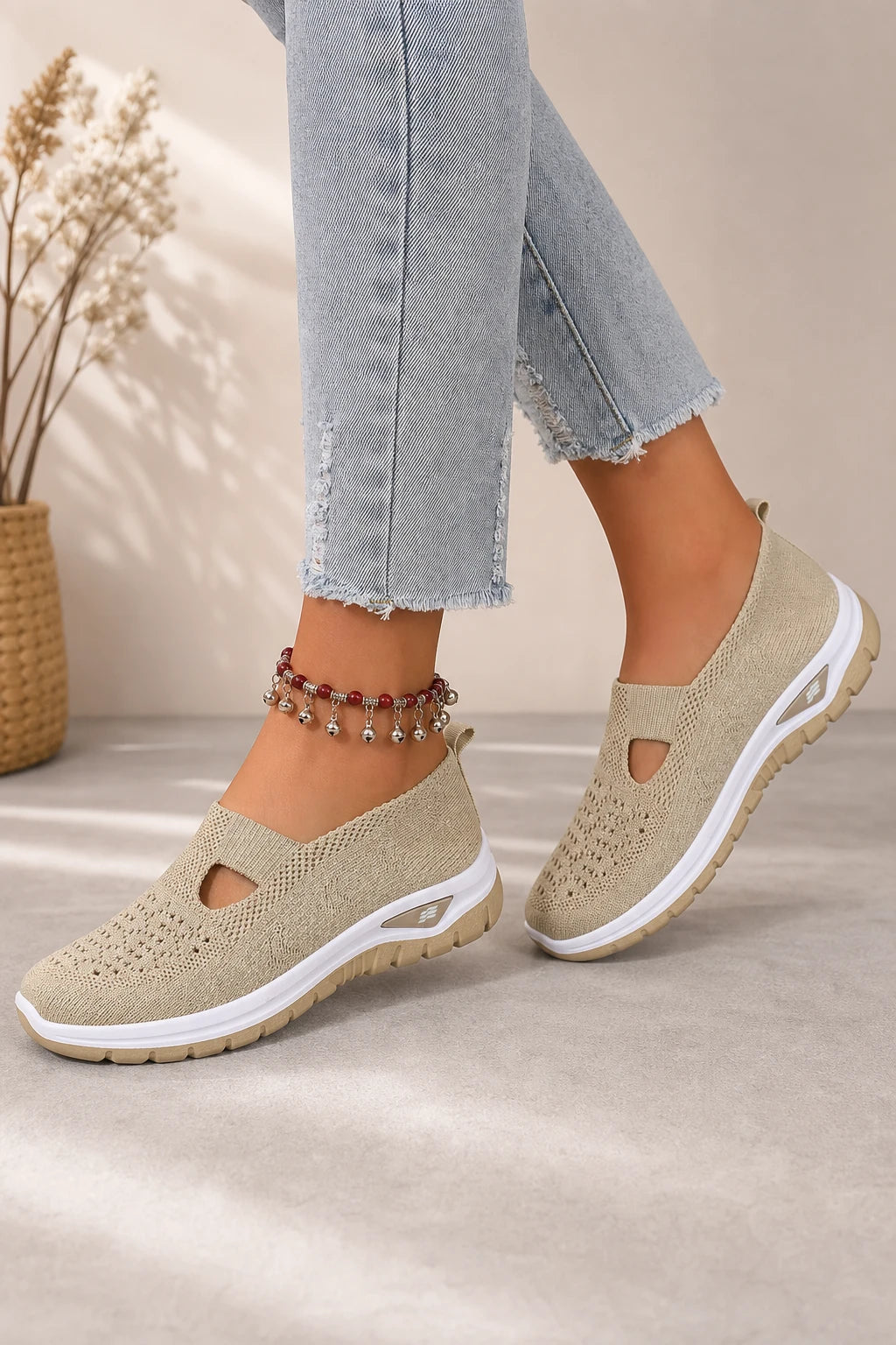 Zapatillas Beige para Mujer sin Cordones de Tejido de Punto Transpirable