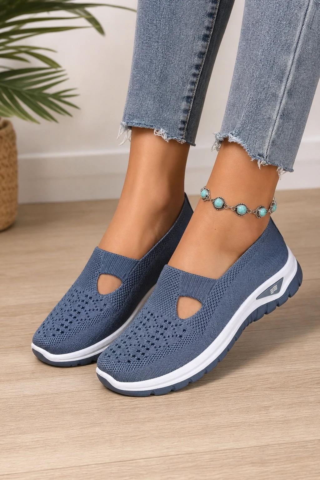 Zapatillas casuales azules para mujer sin cordones de tejido de punto