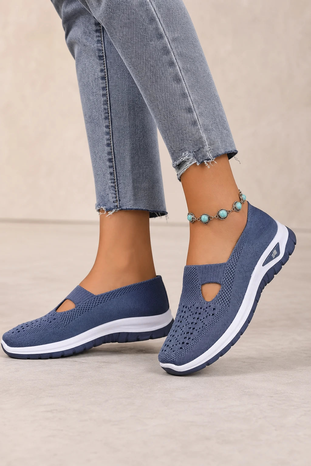 Zapatillas casuales azules para mujer sin cordones de tejido de punto