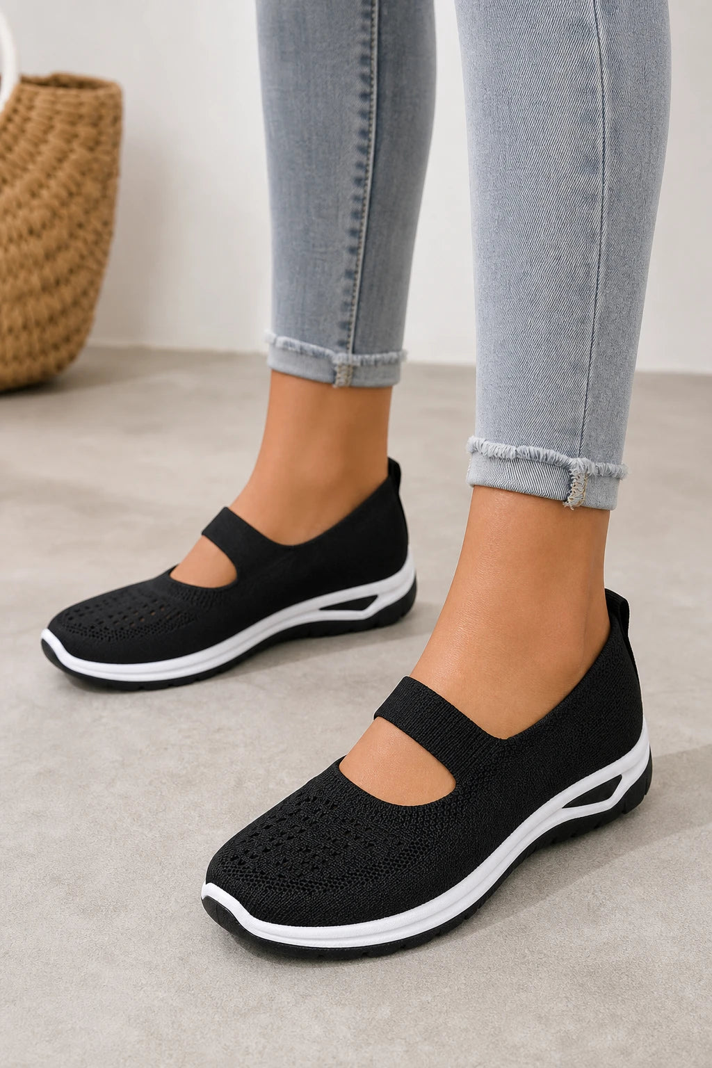 Zapatillas casuales de mujer negras sin cordones de punto transpirable
