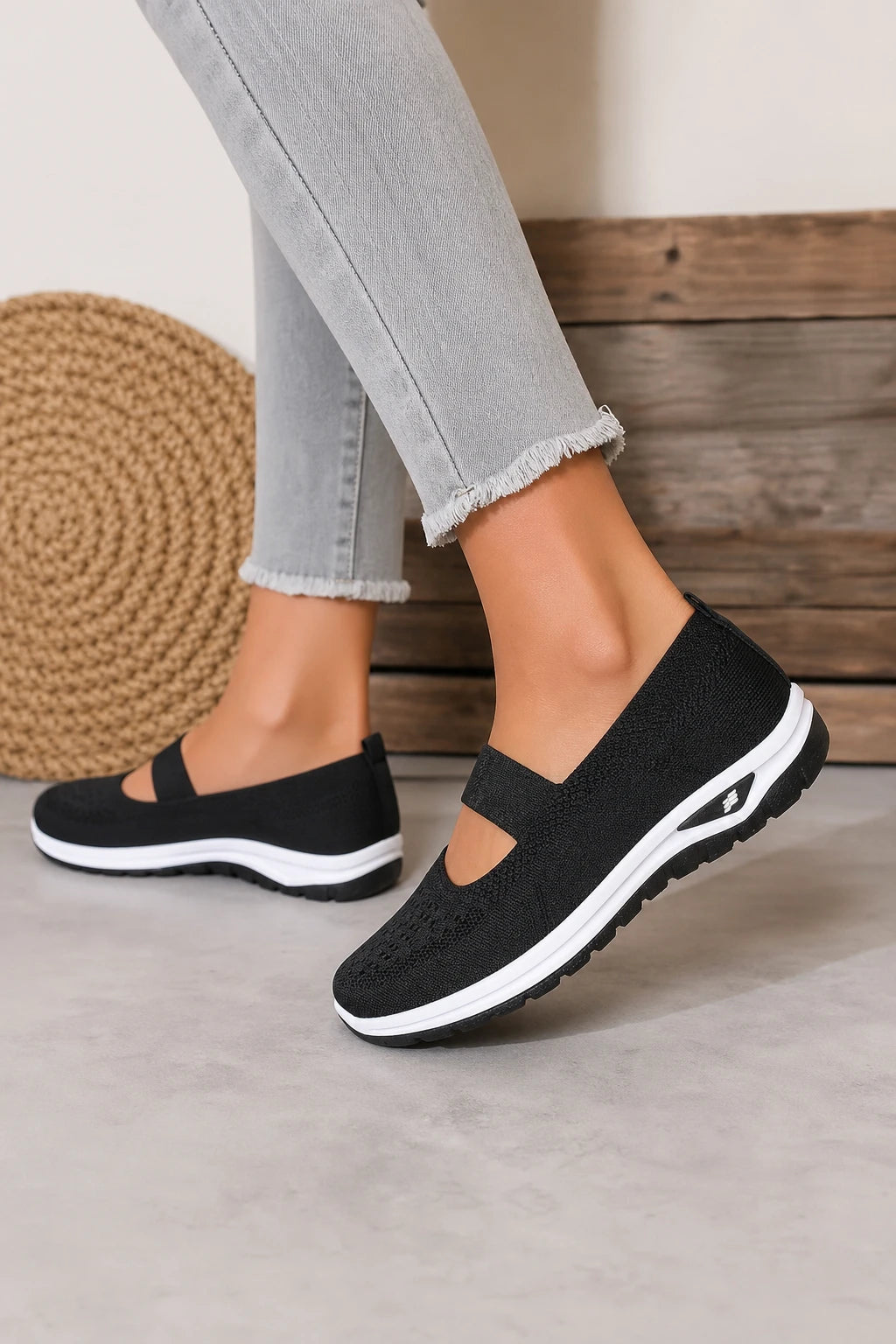 Zapatillas casuales de mujer negras sin cordones de punto transpirable