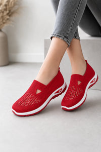 Zapatillas rojas sin cordones de punto transpirable para mujer