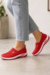 Zapatillas rojas sin cordones de punto transpirable para mujer