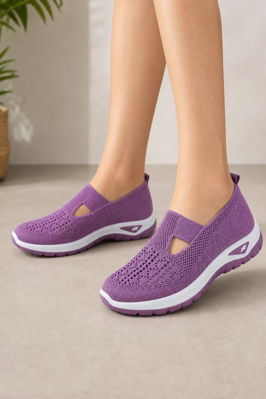 Zapatillas sin cordones para mujer de tejido de punto morado