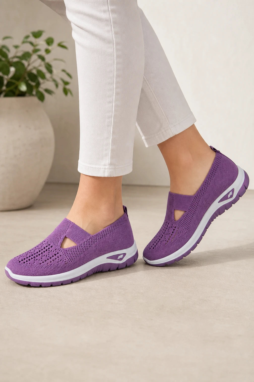 Zapatillas sin cordones para mujer de tejido de punto morado