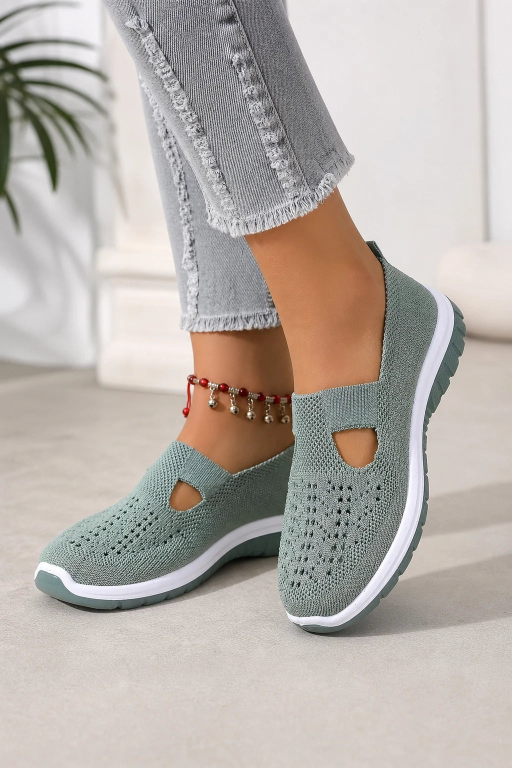 Zapatillas sin cordones para mujer de tejido de punto verde