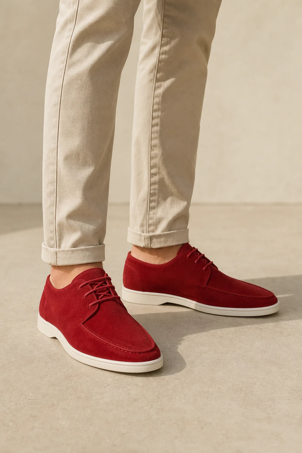 Zapatos Derby rojos de gamuza con cordones y suela blanca para hombre